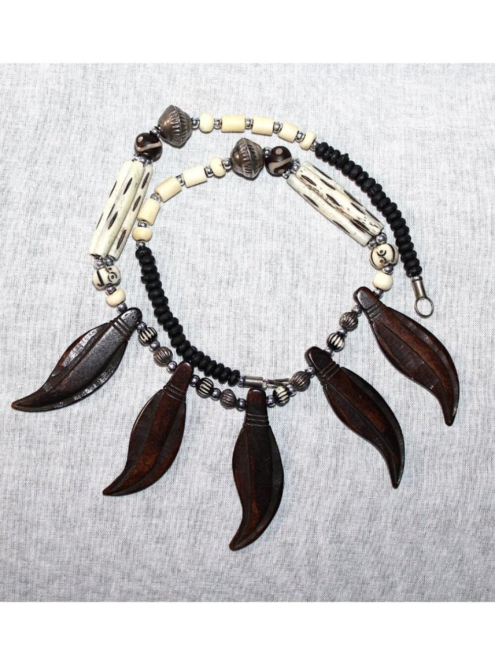 Vintage Wood and Silver Tone Beaded Necklace